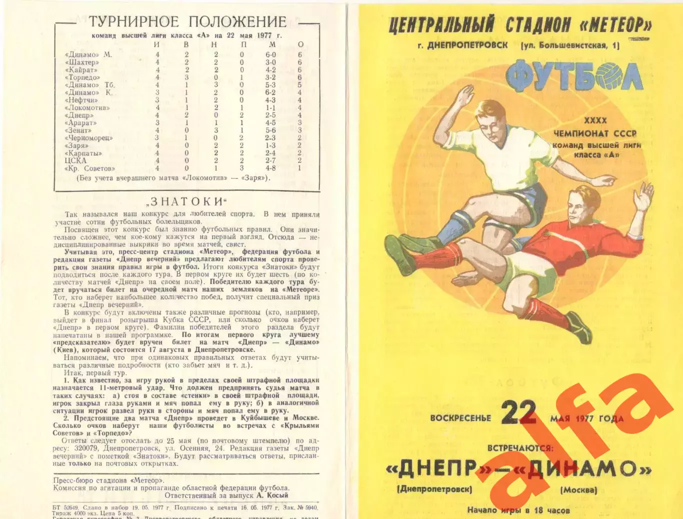 Днепр Днепропетровск - Динамо Москва 22.05.1977.