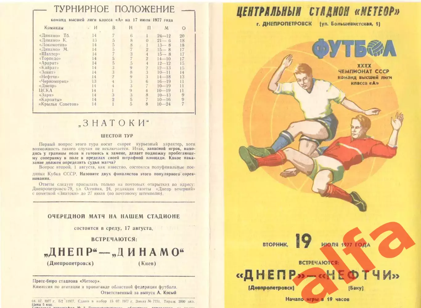 Днепр Днепропетровск - Нефтчи Баку 19.07.1977.