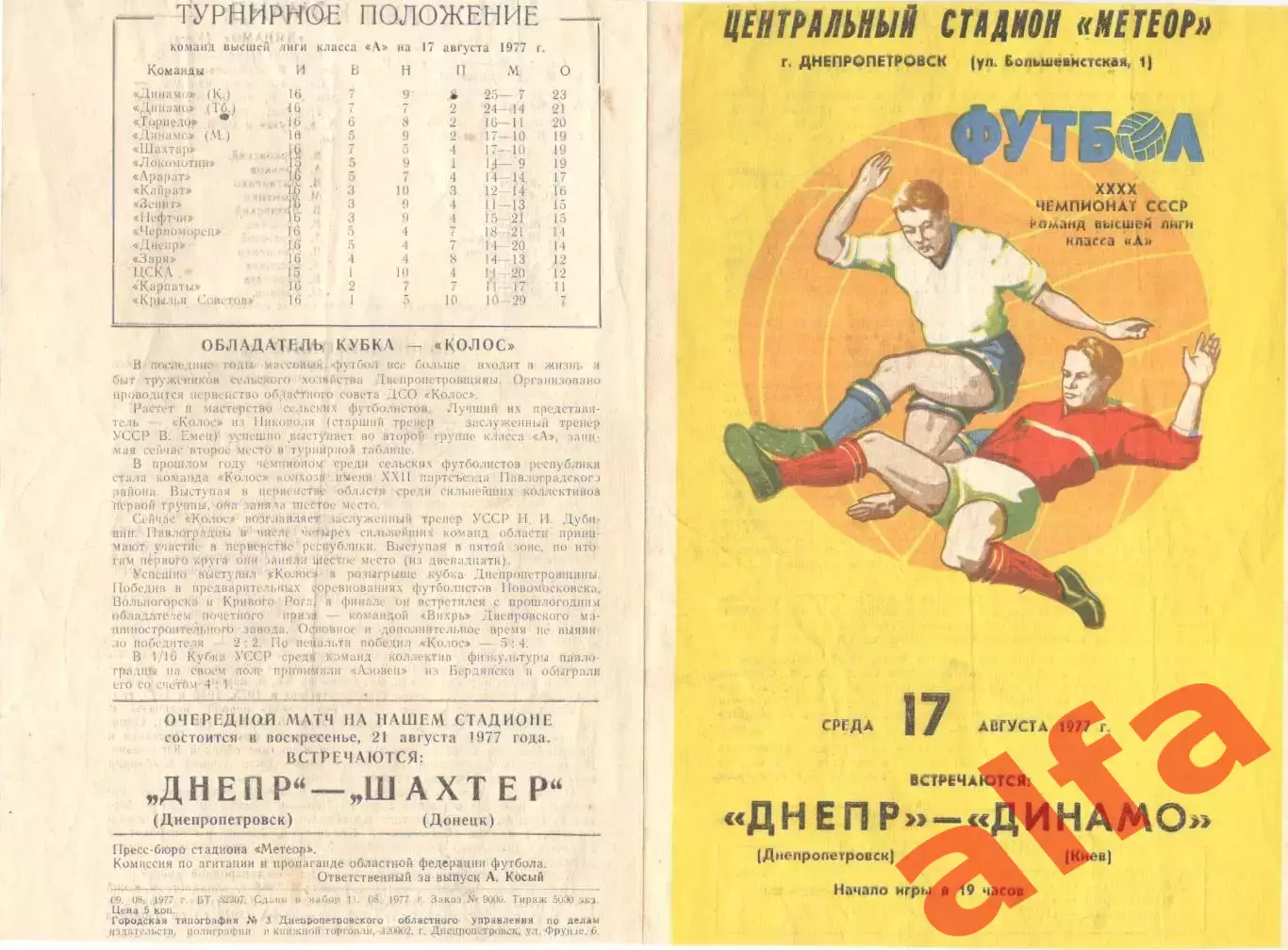 Днепр Днепропетровск - Динамо Киев 17.08.1977.