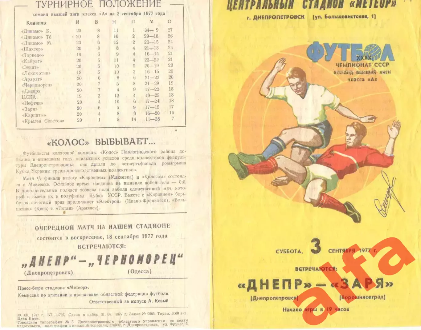 Днепр Днепропетровск - Заря Ворошиловград 03.09.1977.