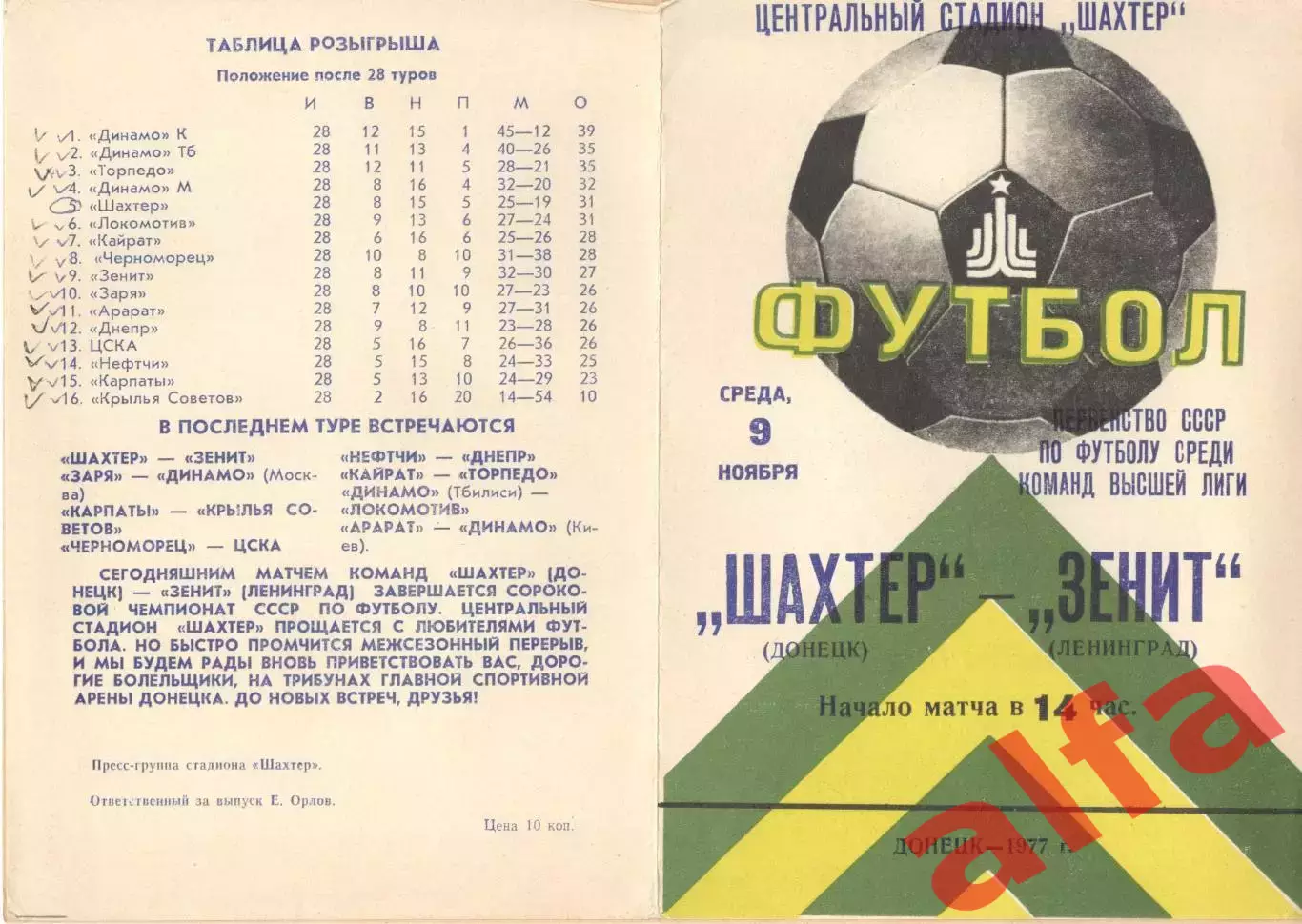 Шахтер Донецк - Зенит Ленинград 09.11.1977.