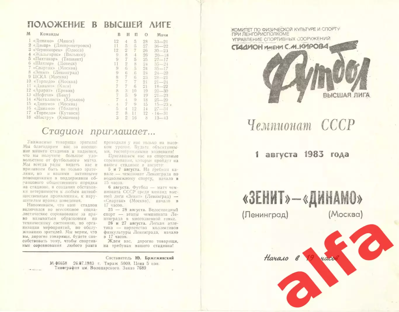 Зенит Ленинград - Динамо Москва 01.08.1983