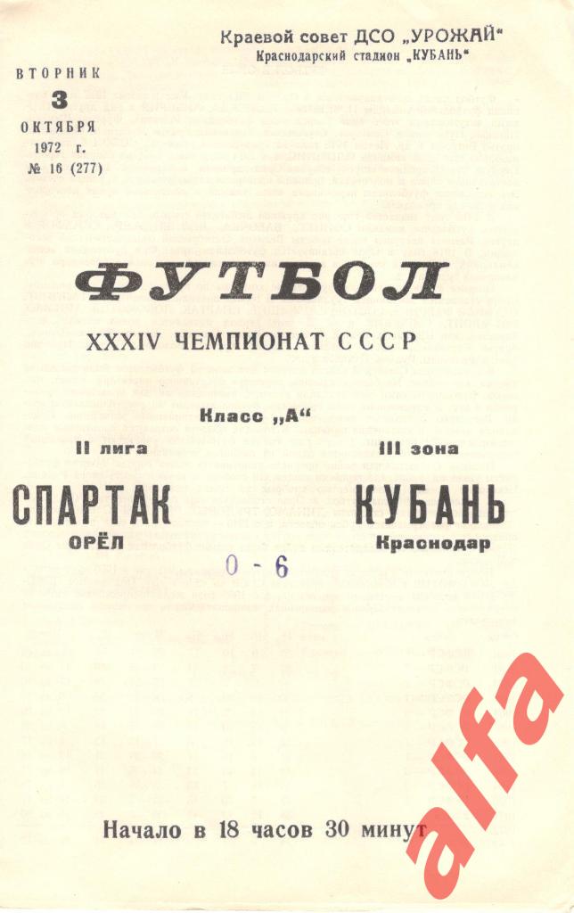 Кубань Краснодар - Спартак Орел 03.10.1972