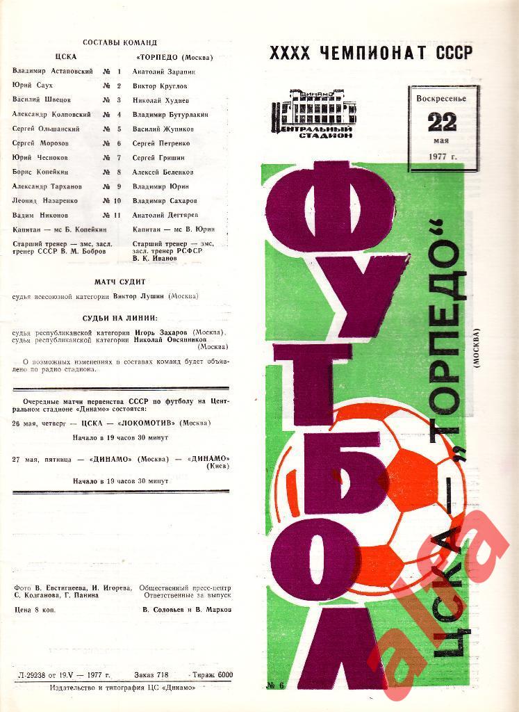 ЦСКА - Торпедо Москва 22.05.1977