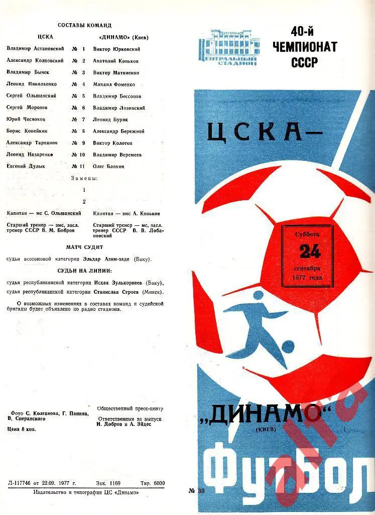 ЦСКА - Динамо Киев 24.09.1977
