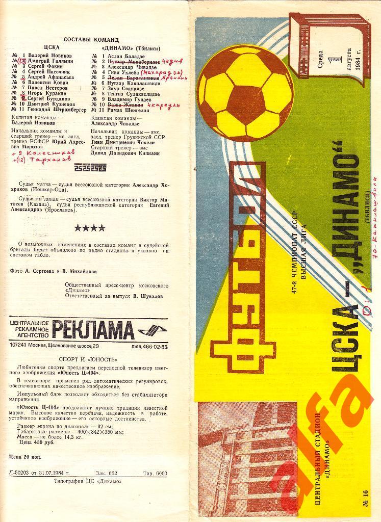 ЦСКА - Динамо Тбилиси 01.08.1984