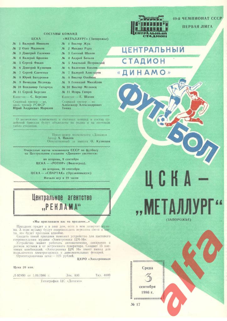 ЦСКА - Металлург Запорожье 03.09.1986