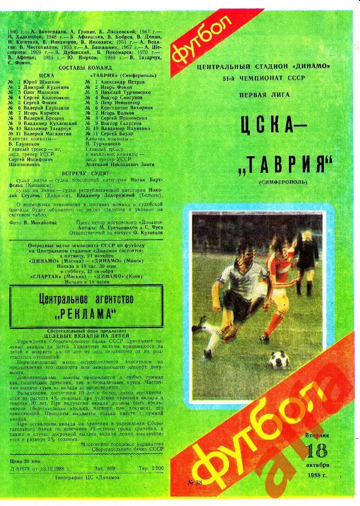 ЦСКА - Таврия Симферополь 18.10.1988.