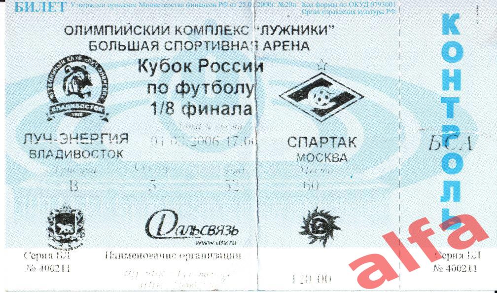 Кубок. Луч Владивосток - Спартак Москва. 04.03.2006