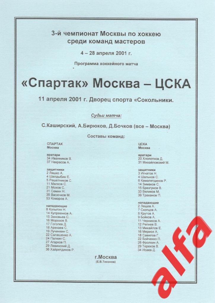 Спартак Москва - ЦСКА 11.04.2001. Чемпионат Москвы