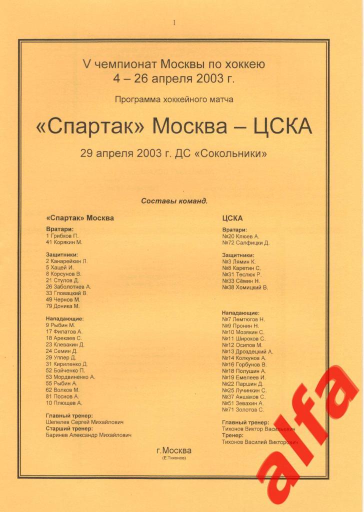 Спартак Москва - ЦСКА 29.04.2003. Чемпионат Москвы