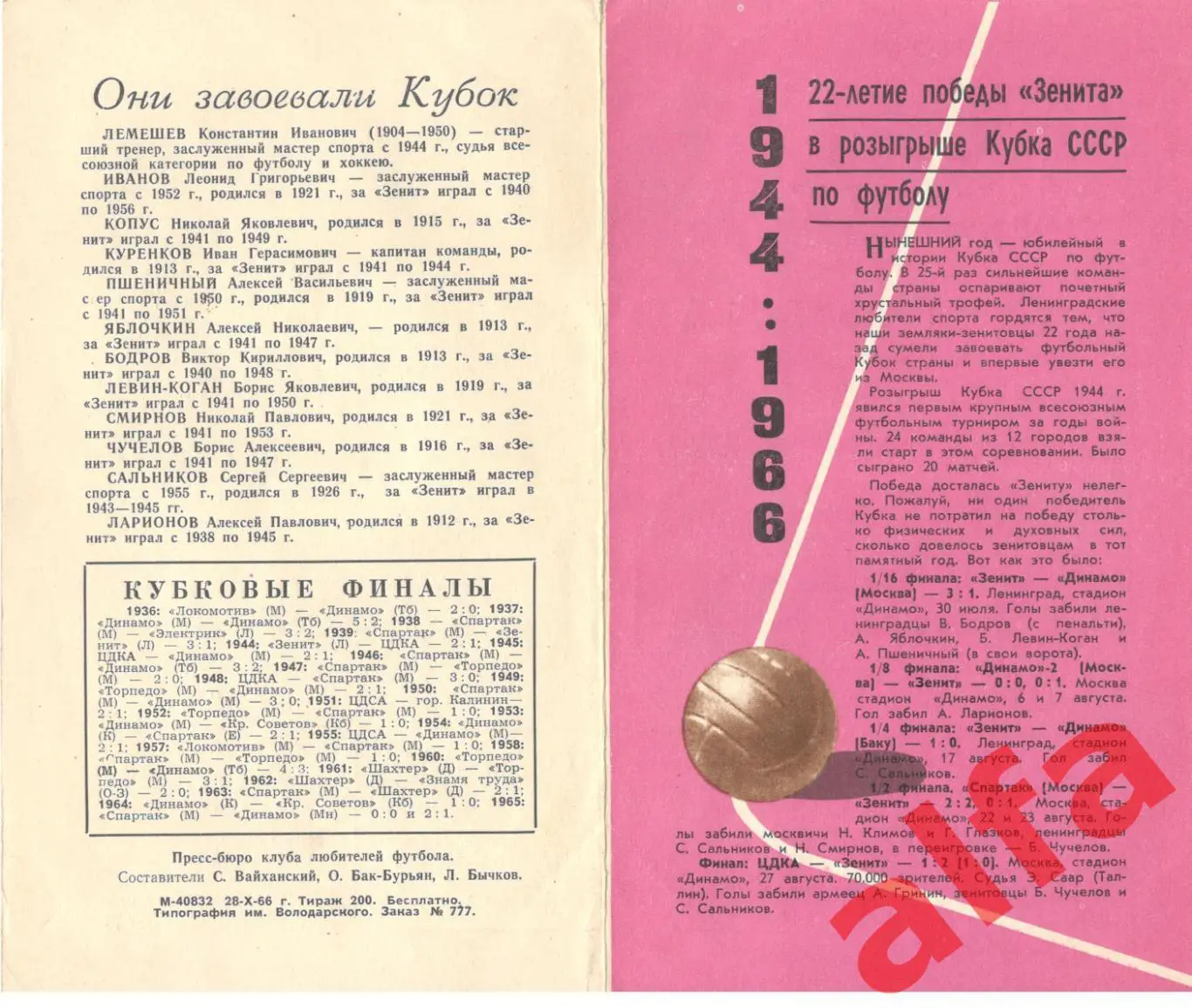 22-летие победы Зенита в Кубке СССР. 1966.