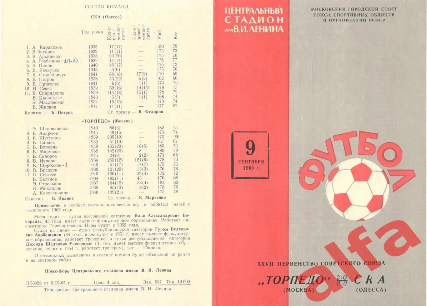 Торпедо Москва - СКА Одесса 09.09.1965