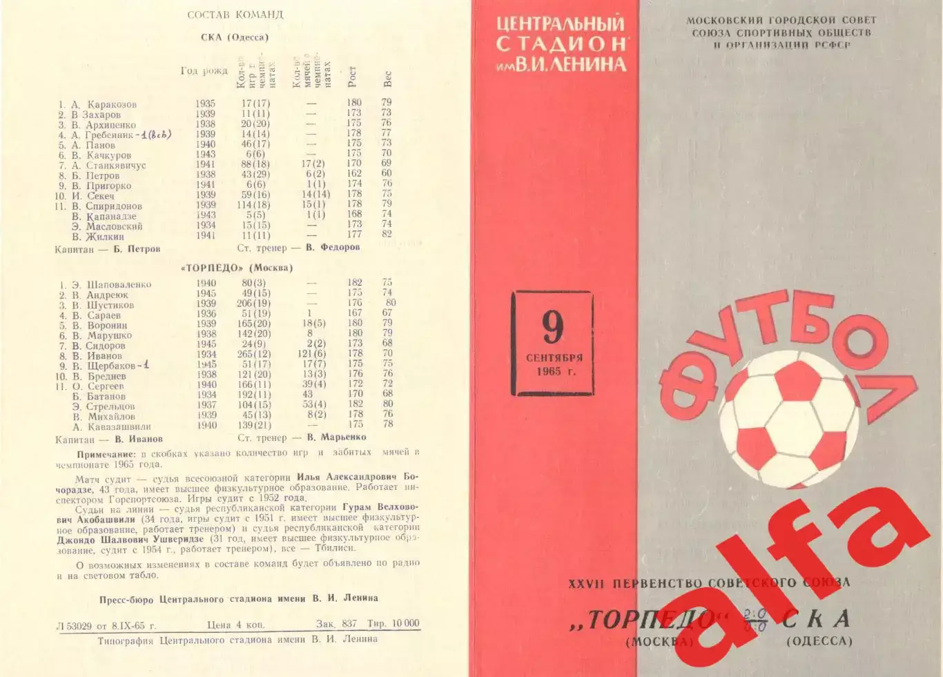 Торпедо Москва - СКА Одесса 09.09.1965