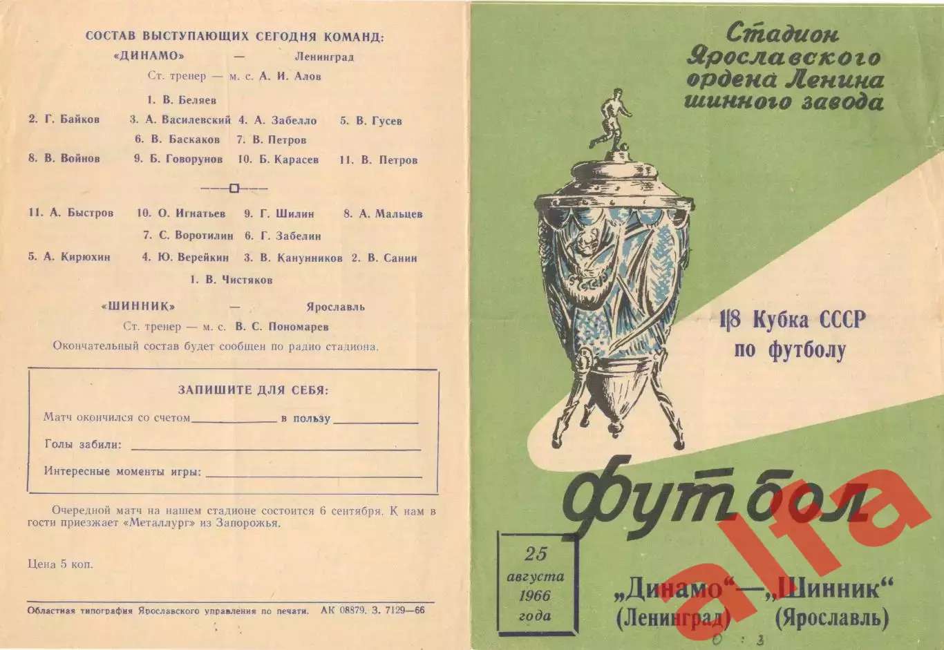 Шинник Ярославль - Динамо Ленинград 25.08.1966. Кубок.