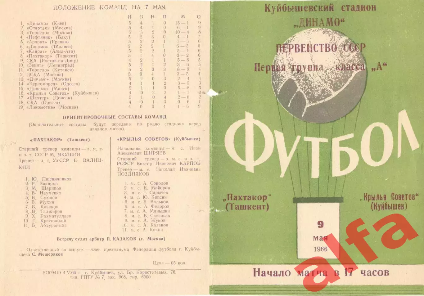 Крылья Советов Куйбышев - Пахтакор Ташкент 09.05.1966