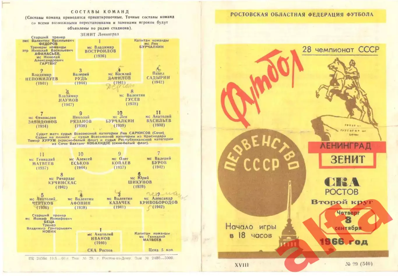 СКА Ростов-на-Дону - Зенит Ленинград 08.09.1966