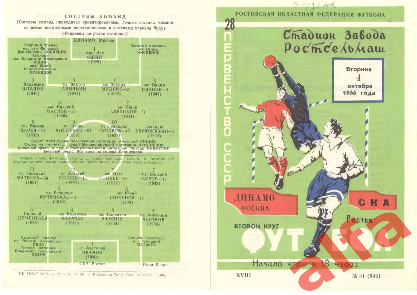 СКА Ростов-на-Дону - Динамо Москва 04.10.1966