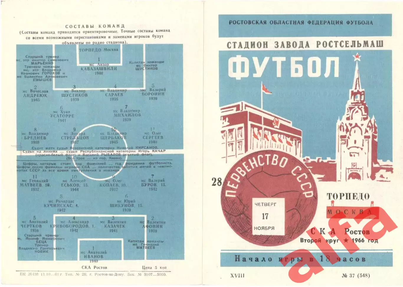 СКА Ростов-на-Дону - Торпедо Москва 17.11.1966