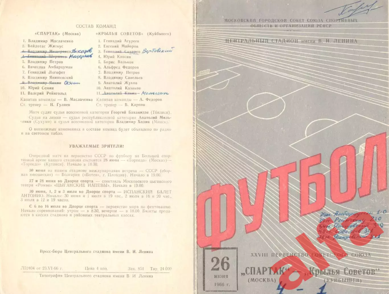 Спартак Москва- Крылья Советов Куйбышев 26.06.1966