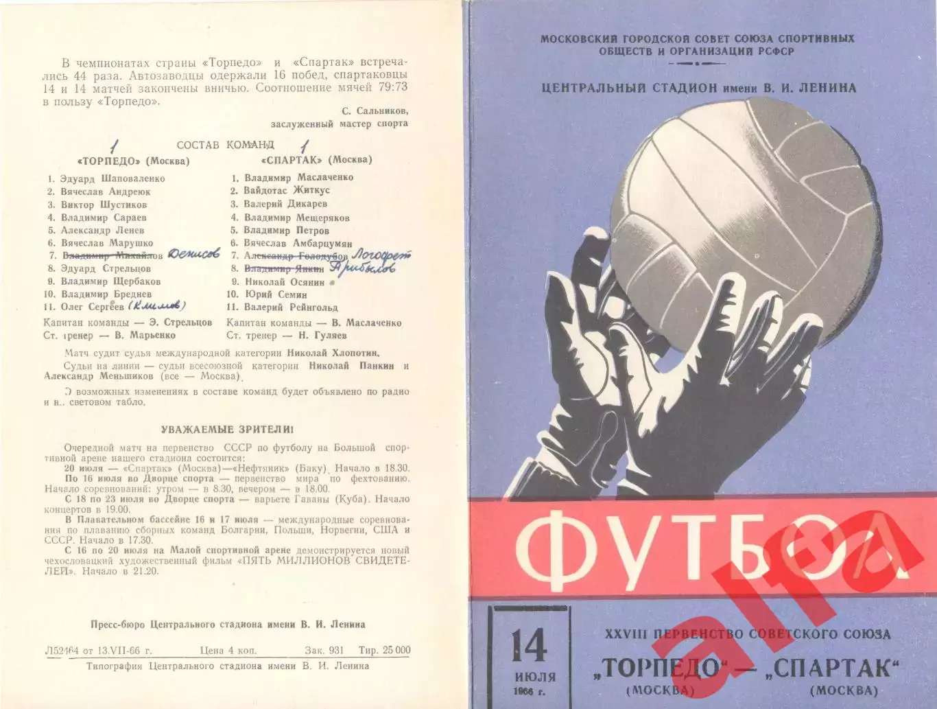 Торпедо Москва - Спартак Москва 14.07.1966