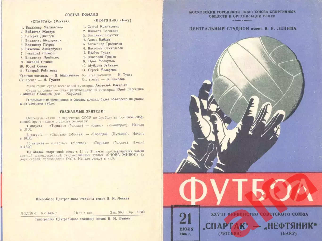 Спартак Москва - Нефтчник Баку 21.07.1966