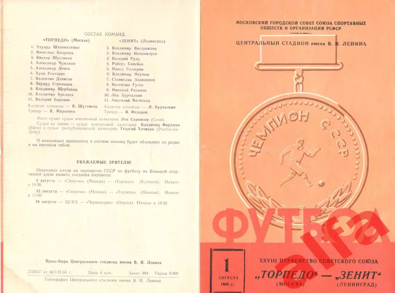 Торпедо Москва - Зенит Ленинград 01.08.1966