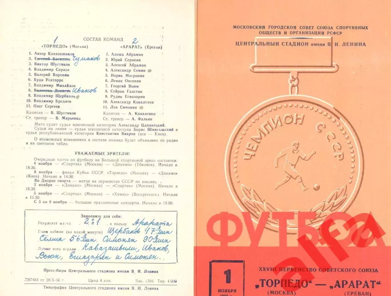 Торпедо Москва - Арарат Ереван 01.11.1966