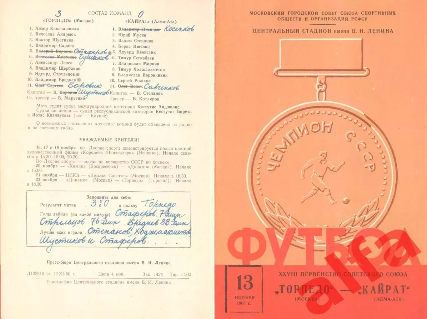 Торпедо Москва - Кайрат Алма-Ата 13.11.1966