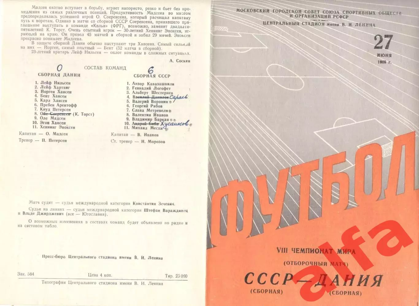 СССР - Дания 27.06.1965