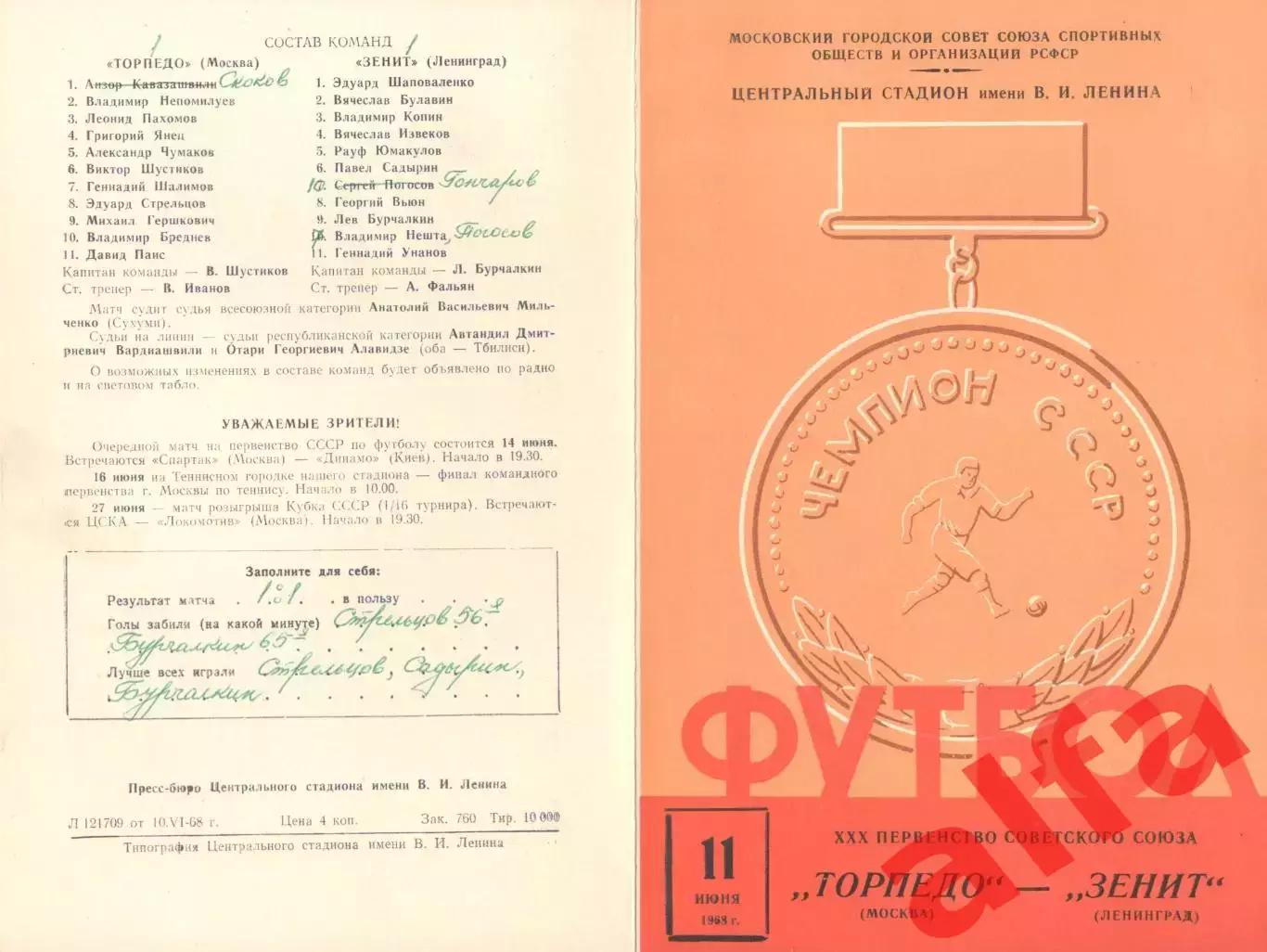 Торпедо Москва - Зенит Ленинград 11.06.1968