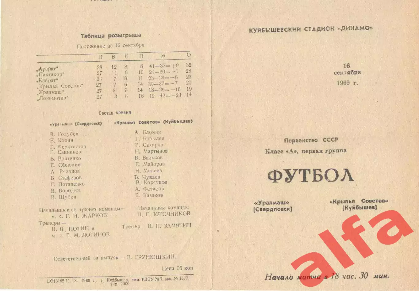 Крылья Советов Куйбышев - Уралмаш Свердловск 16.09.1969