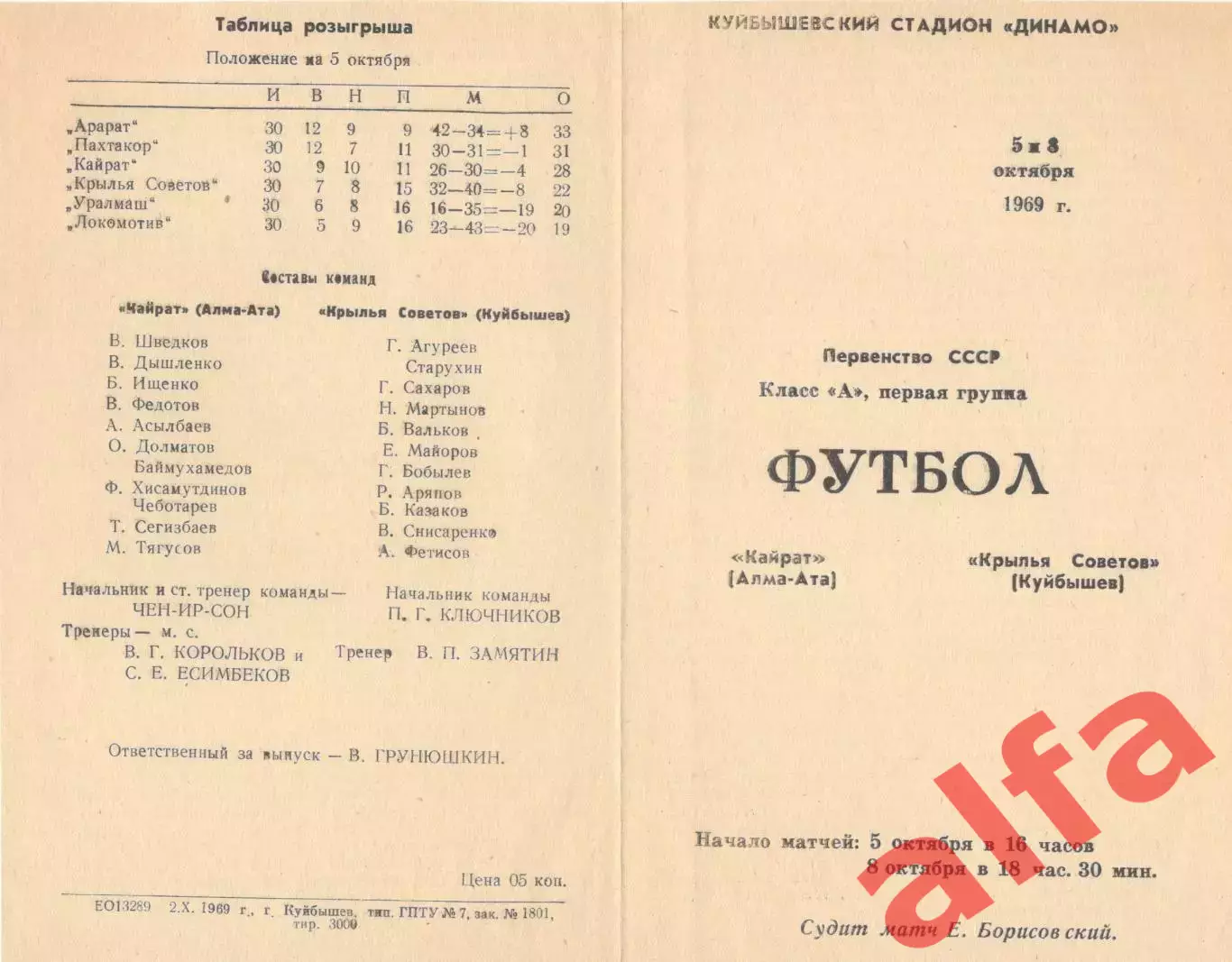 Крылья Советов Куйбышев - Кайрат Алма-Ата 05.10.1969