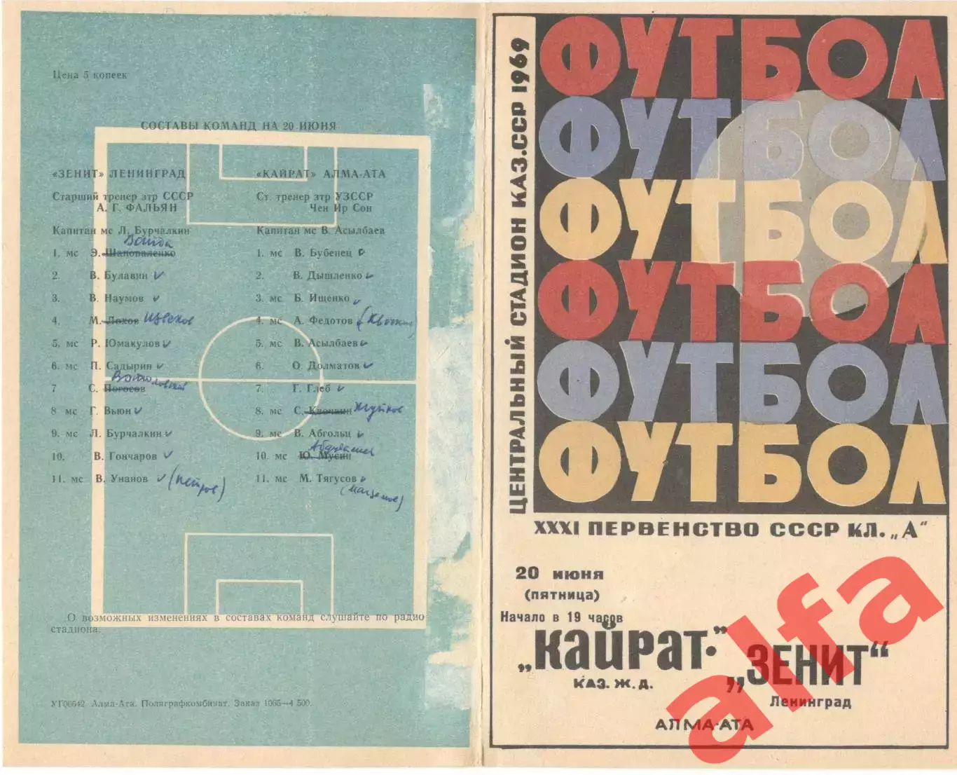 Кайрат Алма-Ата - Зенит Ленинград 20.06.1969