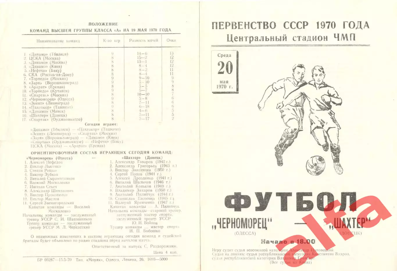 Черноморец Одесса - Шахтер Донецк 20.05.1970.