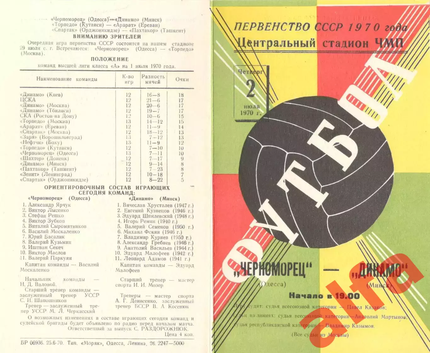 Черноморец Одесса - Динамо Минск 02.07.1970.