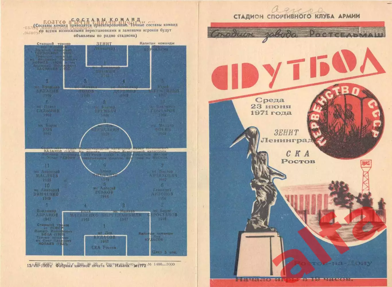 СКА Ростов-на-Дону - Зенит Лениград 23.06.1971.