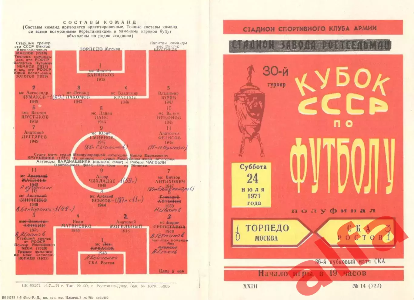 СКА Ростов-на-Дону - Торпедо Москва 24.07.1971. Кубок.
