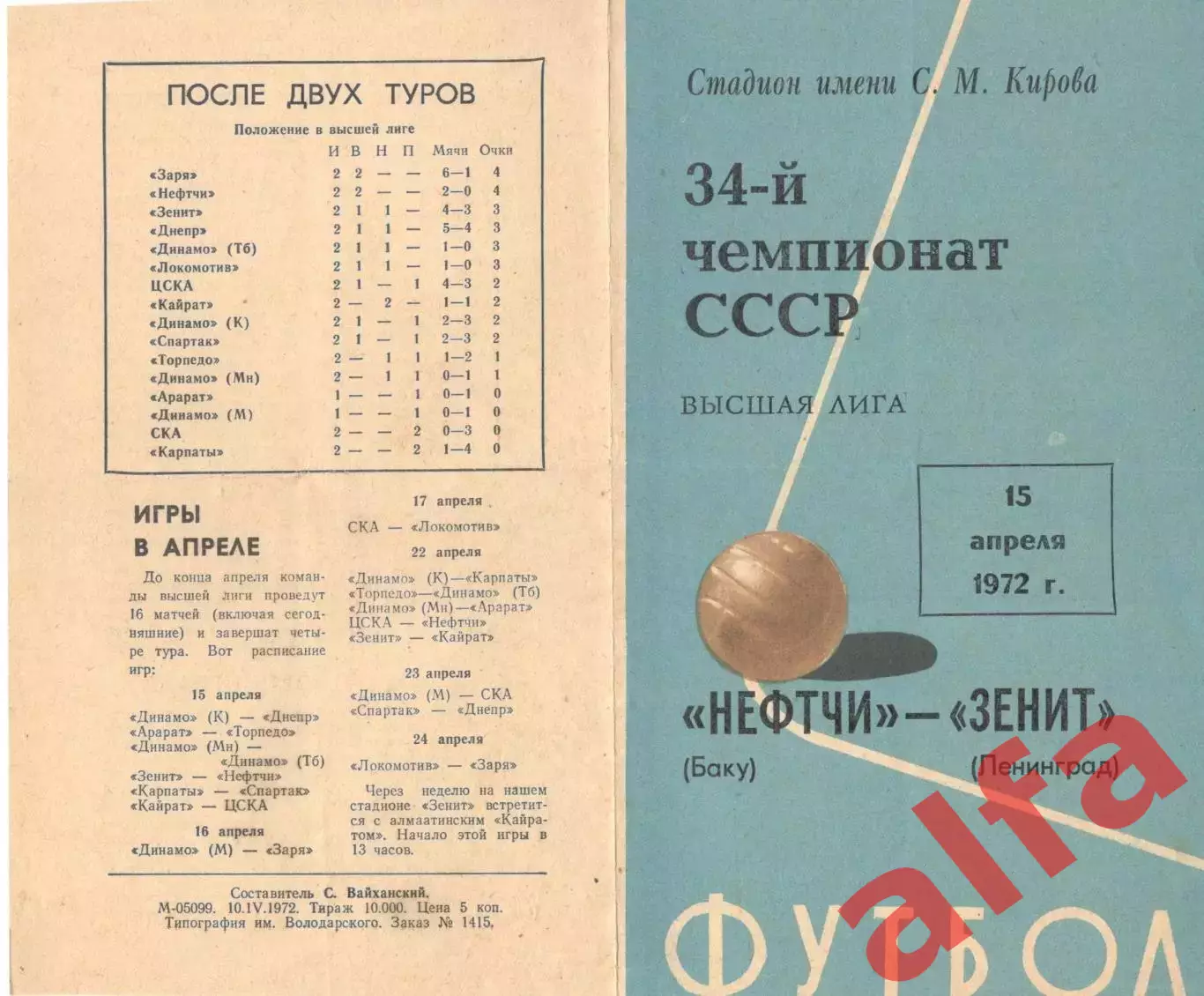 Зенит Ленинград - Нефтчи Баку 15.04.1972.