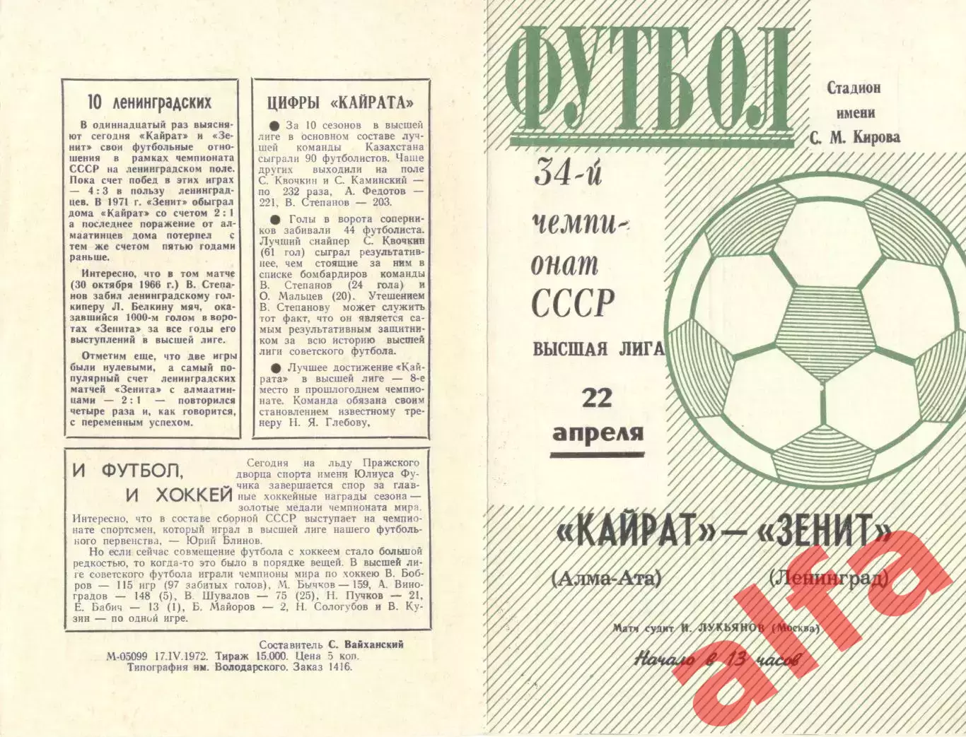 Зенит Ленинград - Кайрат Алма-ата 22.04.1972.