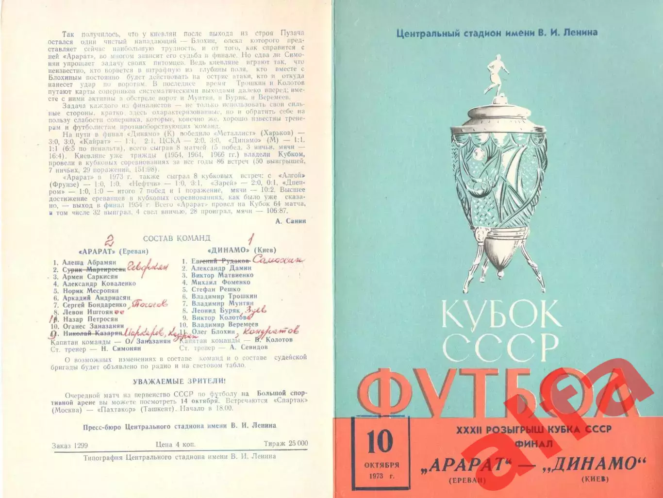 Арарат - Динамо Киев 10.10.1973. Кубок СССР