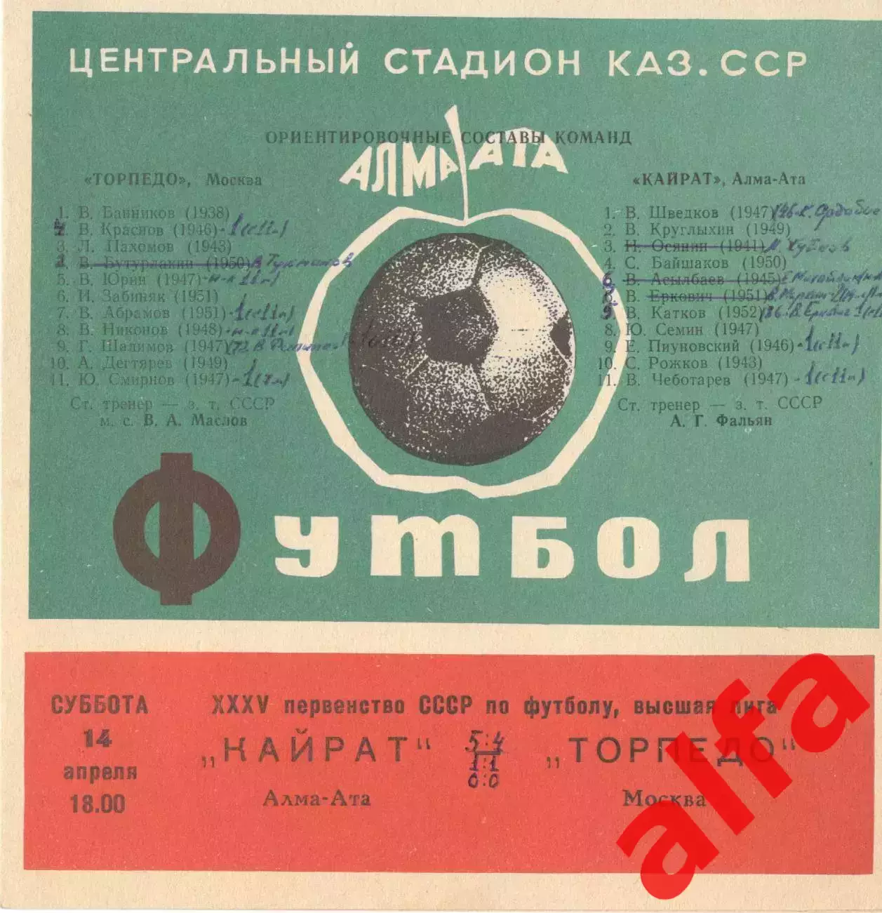 Кайрат Алма-Ата - Торпедо Москва 14.04.1973.