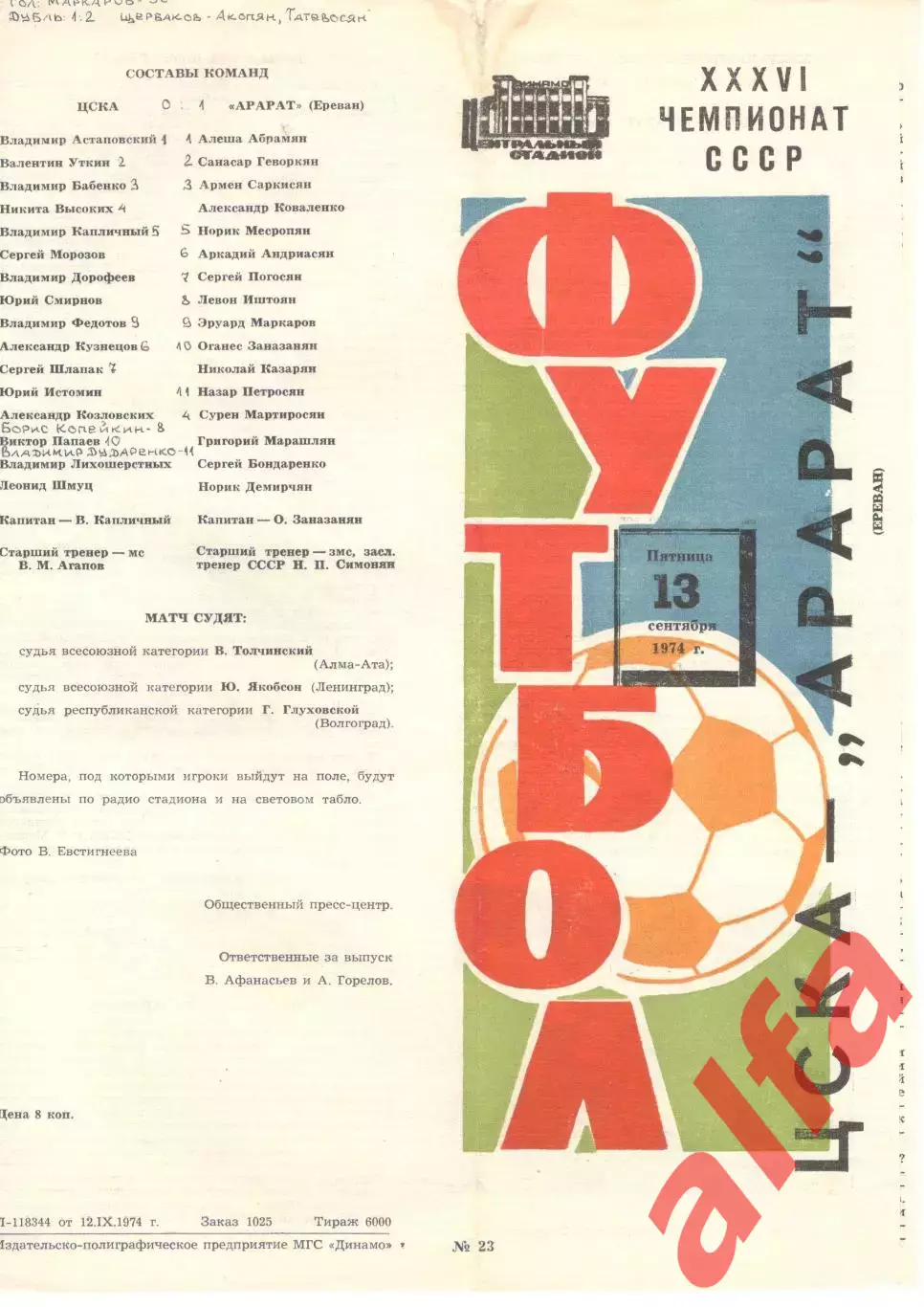 ЦСКА - Арарат Ереван 13.09.1974