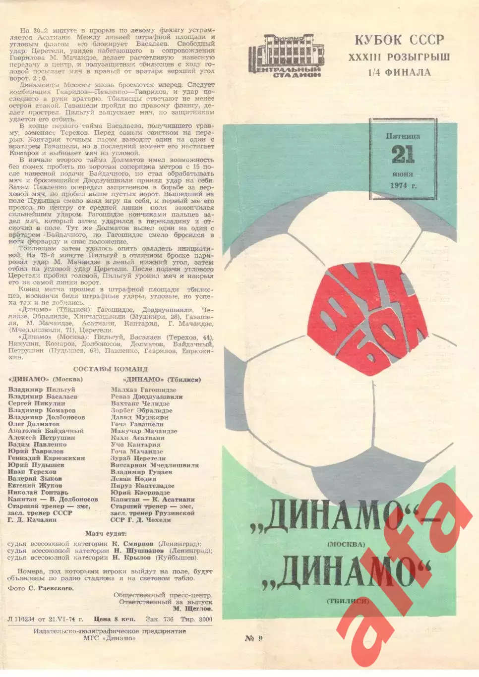 Динамо Москва - Динамо Тбилиси 21.06.1974. Кубок СССР