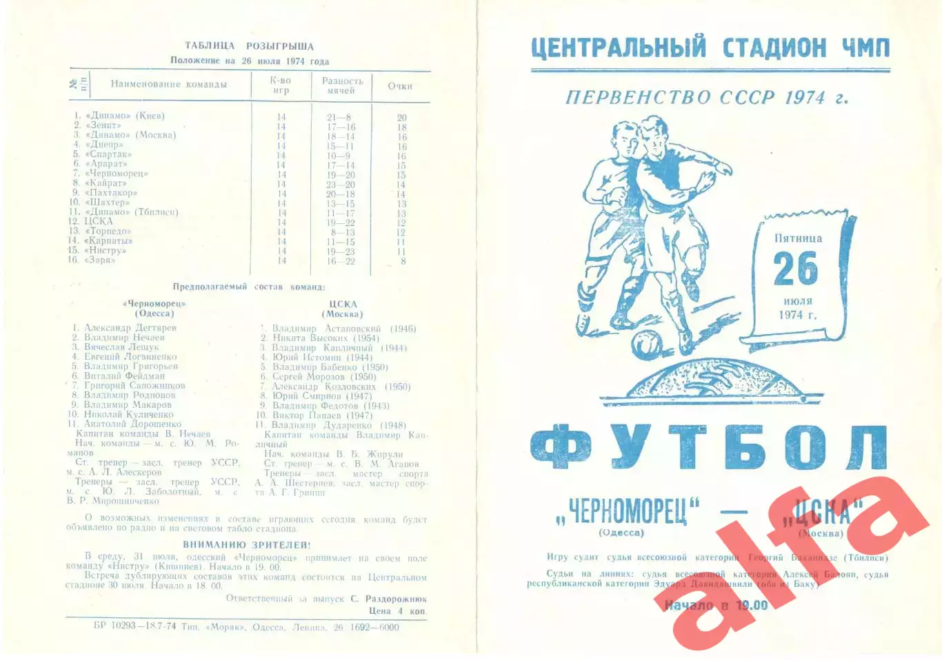 Черноморец Одесса - ЦСКА 26.07.1974.