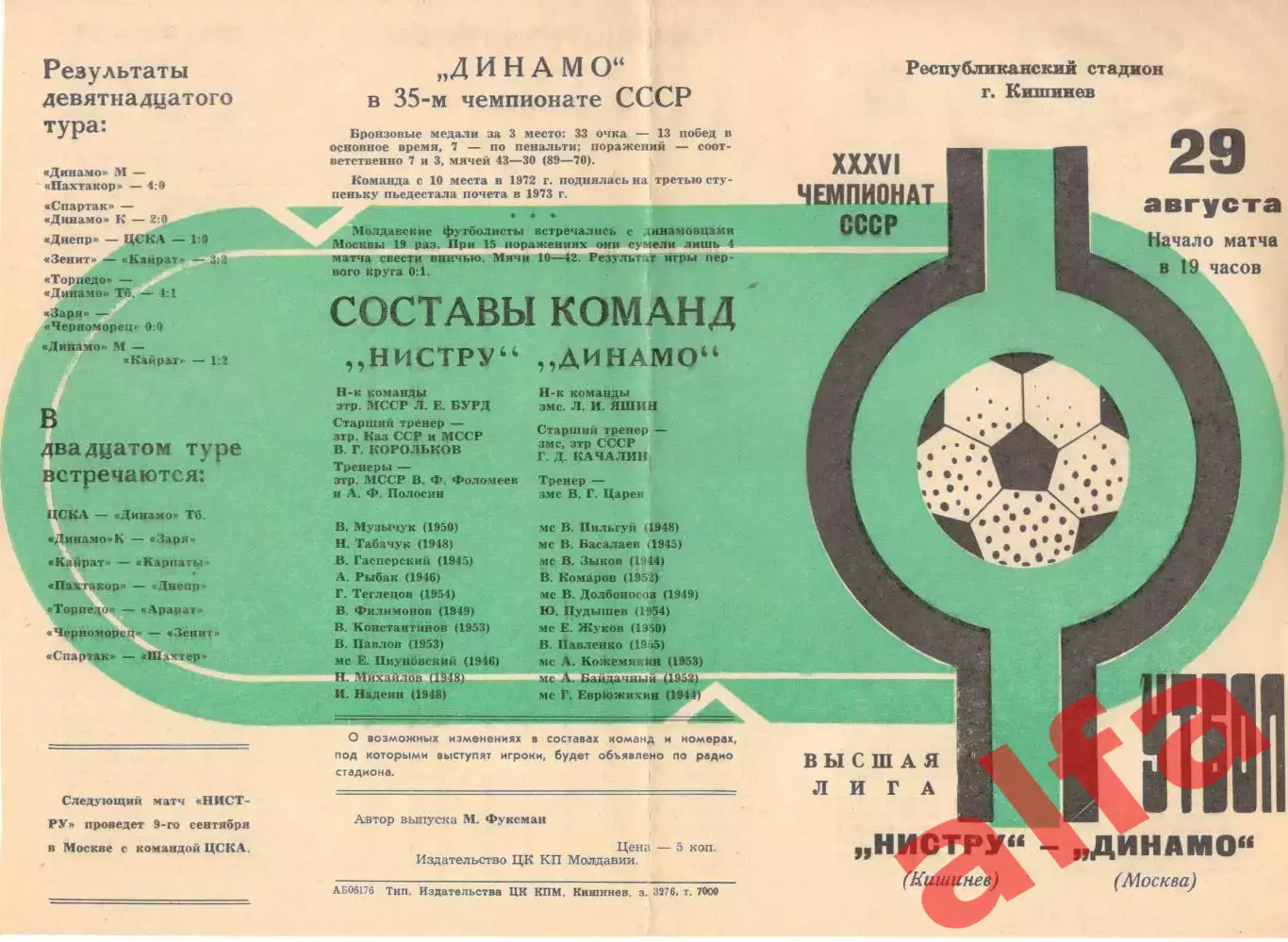 Нистру Кишинев - Динамо Москва 29.08.1974.