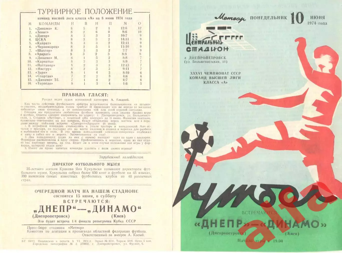 Днепр Днепропетровск - Динамо Киев 10.06.1974.