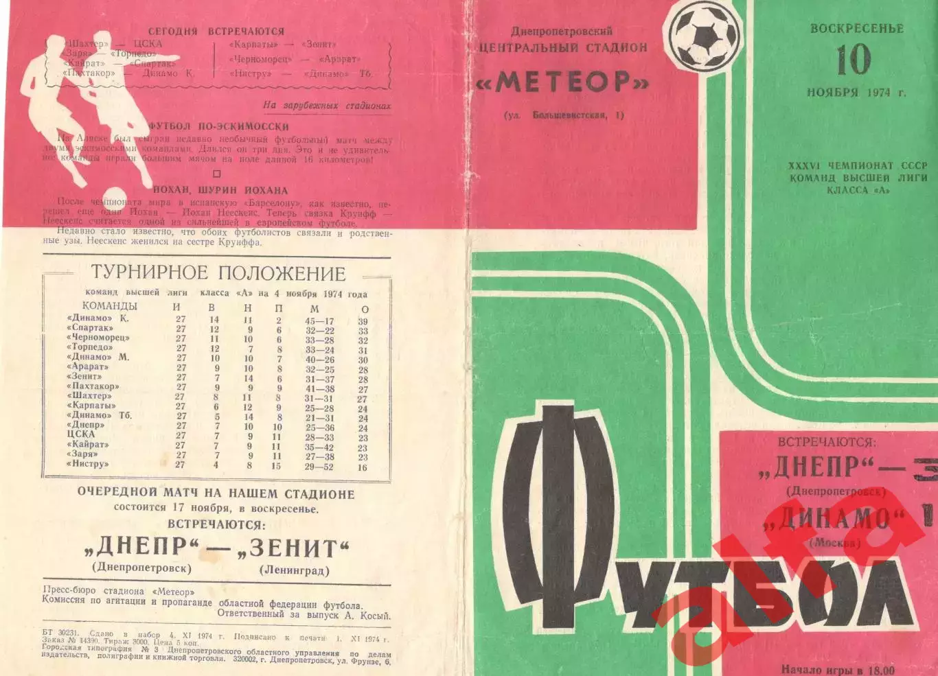 Днепр Днепропетровск - Динамо Москва 10.11.1974.