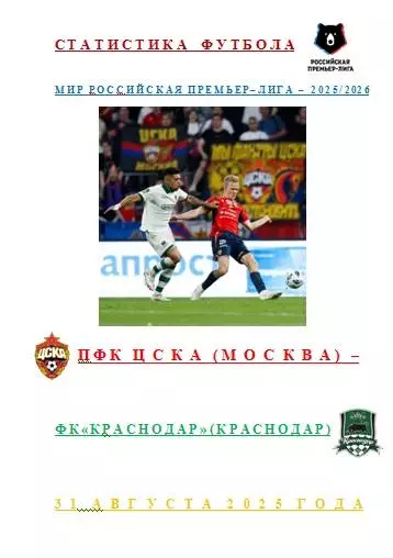 ПФК ЦСКА Москва ФК Краснодар Краснодар 31 августа 2025 года Статистика Футбола