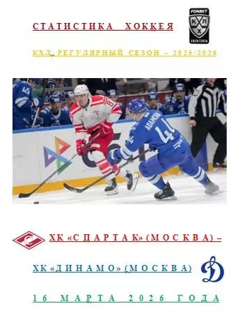 ХК Спартак Москва ХК Динамо Москва 16 марта 2026 г Статистика Хоккея АВТОРСКАЯ